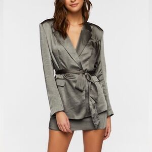 Forever 21 Satin Olive Belted Blazer and Skirt Set
